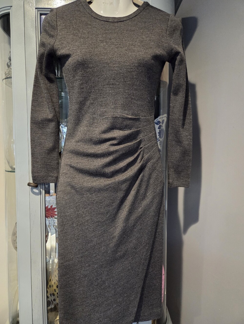 Michael Kors Dark Gray Long-Sleeve Ruched Knit Dress